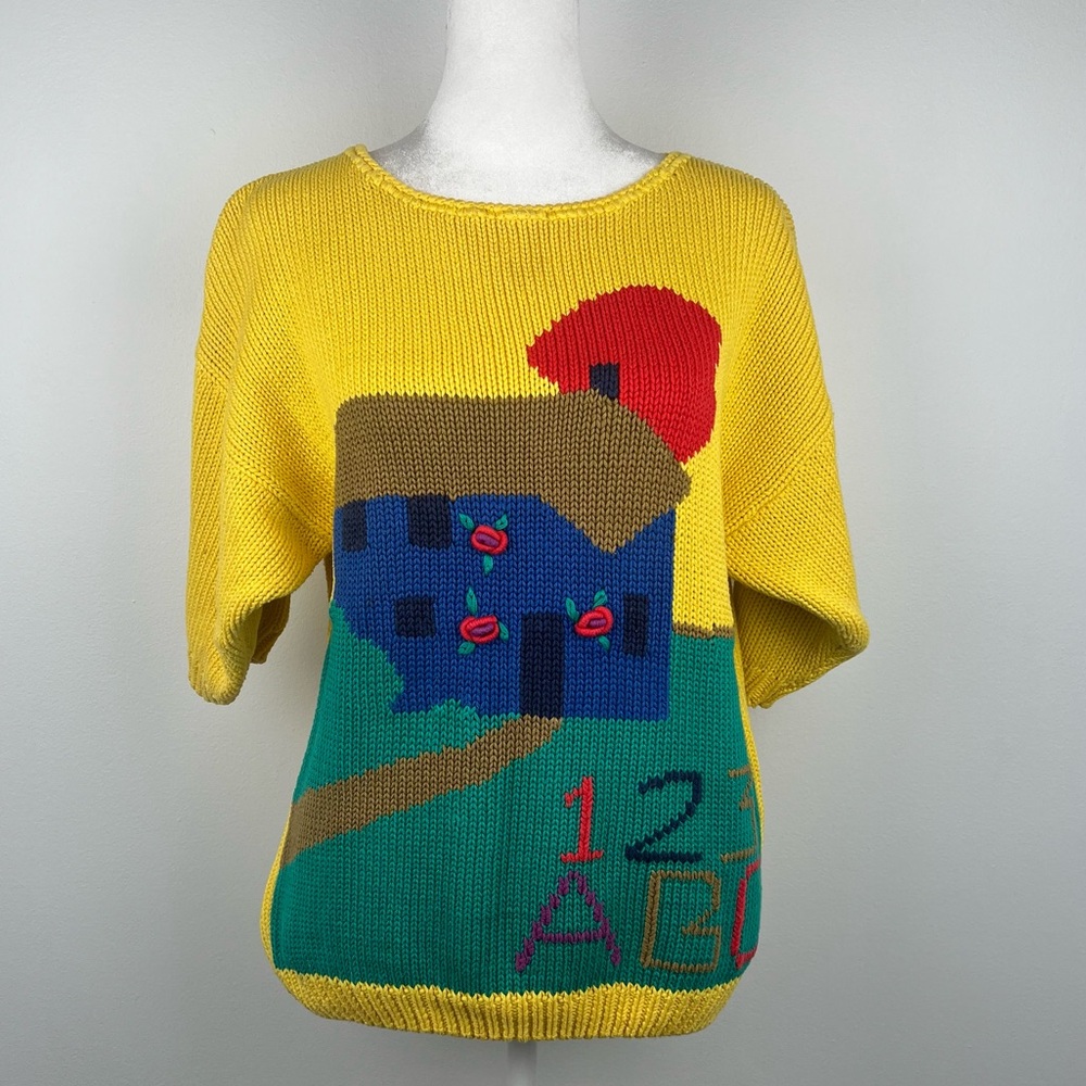 80s Retro Knit School Teacher Knit Short Sleeve Yellow Sweater Top - Size Large